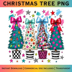 May include: Four illustrated Christmas trees with bows. The first is green with colorful lights in a checkered pot. The second is cream with colorful stars in a striped pot. The third is a disco ball pattern with a blue bow in a leopard print pot.