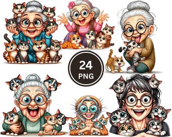 Crazy Cat Lady Clipart Bundle, Cartoon Woman Cats PNG, Pet Mom Graphics (Digital Download)