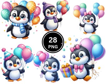 Birthday Penguin Clipart Bundle, Festive Celebration PNG, Kids Party Graphics (Instant Download)