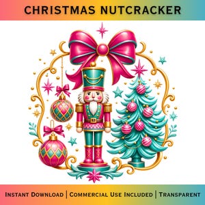 May include: A Christmas nutcracker illustration featuring a central nutcracker figure, a decorated teal Christmas tree, and two hanging ornaments. The design includes a large pink bow, gold filigree accents, and various star shapes.