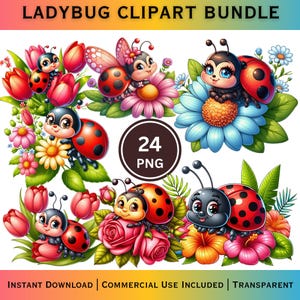 May include: A digital clipart bundle featuring cartoon ladybugs with red and black shells, surrounded by colorful flowers and greenery. The image includes the text "LADYBUG CLIPART BUNDLE", "24 PNG", "INSTANT DOWNLOAD", "COMMERCIAL USE INCLUDED", and "TRANSPARENT".