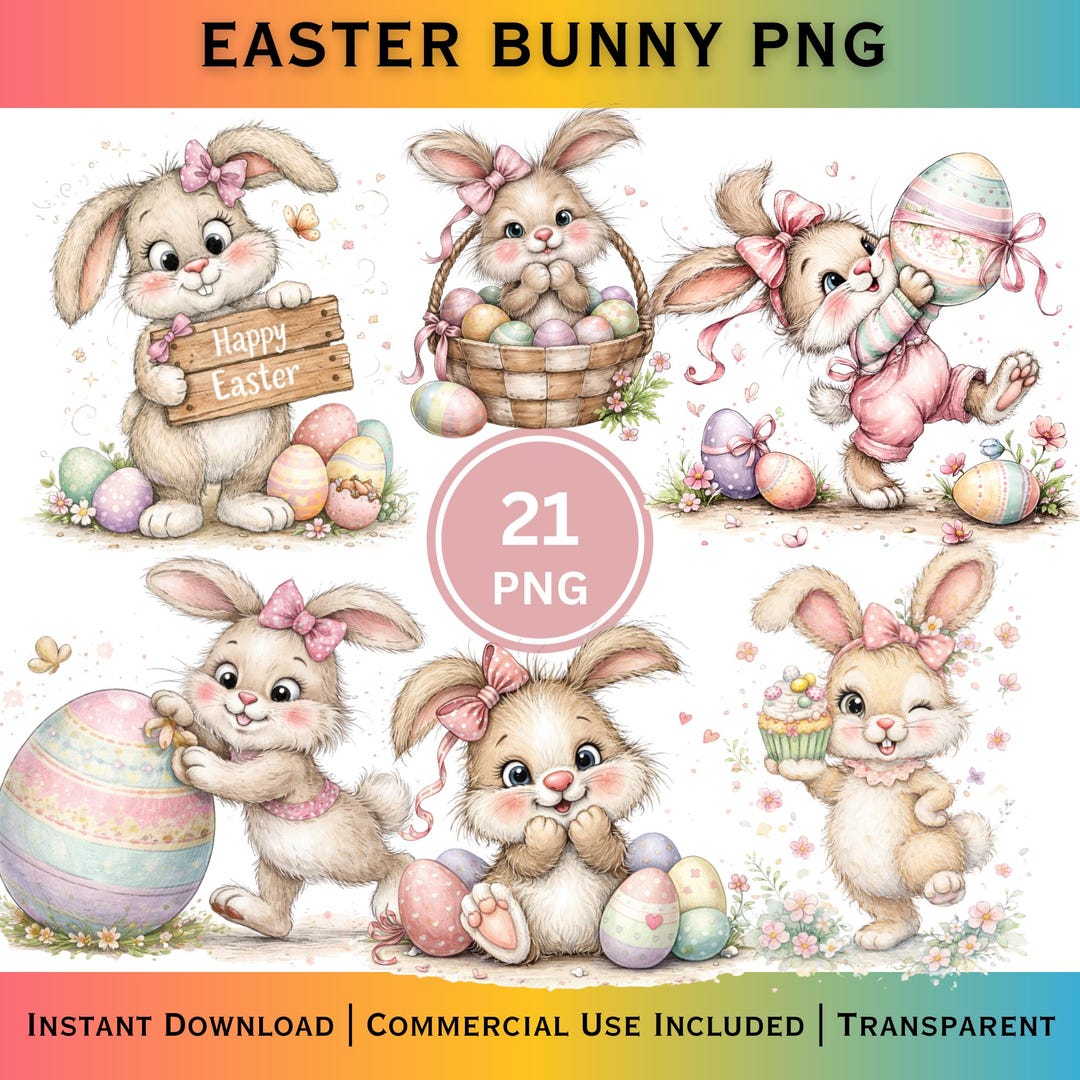 Easter Bunny Clipart Bundle PNG | Watercolor Spring Rabbit Egg Graphics ...