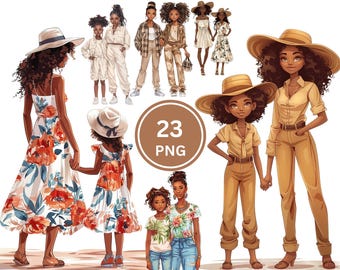 May include: Digital illustrations of mothers and daughters in various outfits, including dresses, jumpsuits, and casual wear. The image features the text "MOM DAUGHTER" at the top and "23 PNG" in a circular graphic. The bottom text reads "INSTANT DOWNLOAD | COMMERCIAL USE INCLUDED | TRANSPARENT".
