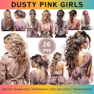 Dusty Pink Fashion Girl Clipart Bundle Back View Girl PNG Messy Bun Hair Illustration