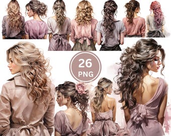 Dusty Pink Fashion Girl Clipart Bundle Back View Girl PNG Messy Bun Hair Illustration