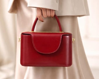 Burgundy Leather Top Handle Bag – Structured Vintage Style Crossbody Purse