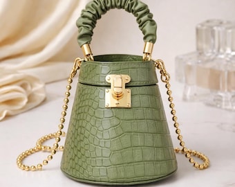 Mini Croc-Embossed Bucket Bag | Ruched Handle, Gold Chain Purse