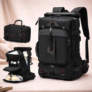 May include: Black travel backpack with multiple compartments, zippers, and red accent stitching. Includes a smaller duffel bag and a backpack with an open compartment showing shoes and other items. The bags are designed for travel and outdoor activities.