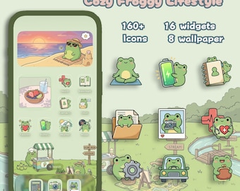 Paquete de iconos de estilo de vida Cozy Froggy / Más de 160 iconos de aplicaciones con ranas adorables, iconos con estética verde, fondos de pantalla y widgets con temática de ranas