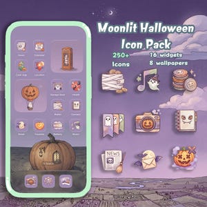 Pode incluir: Um pacote de ícones digital Moonlit Halloween com mais de 250 ícones, 16 widgets e 8 papéis de parede. O visor mostra um smartphone com borda verde clara, interface roxa e vários ícones de aplicativos com tema de Halloween.