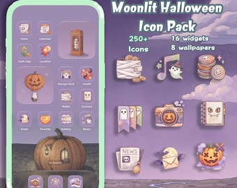 Paquete de iconos de Halloween a la luz de la luna en acuarela / Más de 250 iconos, widgets y fondos de pantalla (descarga digital)