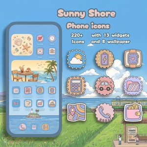 May include: A digital set of Sunny Shore phone icons featuring over 220 icons, 13 widgets, and 8 wallpapers. The display shows a smartphone interface with pastel-colored app icons, beach-themed widgets, and a coastal landscape background.