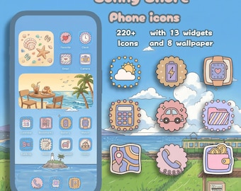 Iconos de la aplicación Sunny Coast Summer / 202 iconos de dibujos animados, 13 widgets, 8 fondos de pantalla, pantalla de inicio con una linda estética costera