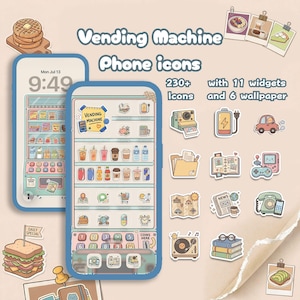 Pacchetto di icone per distributori automatici / Icone illustrate carine / Pacchetto di temi accoglienti per telefono con widget e sfondi (oltre 230)