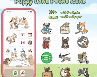 Paquete de iconos Puppy Land / 146 iconos de aplicaciones + 36 iconos de personajes caninos / Iconos estéticos de cachorros adorables para iPhone y Android + Fondos de pantalla y widgets