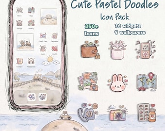 Söta pastellfärgade klotter-appikoner, handritat iPhone-tema, estetiska ikoner, mysigt telefontema, söta widgets och bakgrundsbilder, digital nedladdning