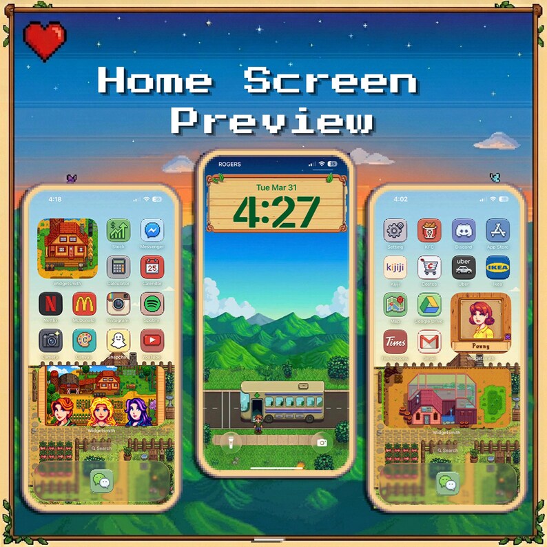 Pu&ograve; includere: Immagine di arte digitale che mostra tre smartphone con design personalizzati della schermata iniziale. Gli schermi visualizzano icone di app, un orologio e uno sfondo paesaggistico. Il testo "Home Screen Preview" &egrave; in alto, con un cuore pixelato.