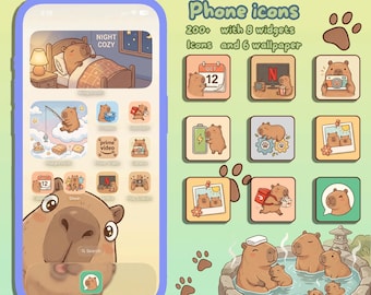 Paquete de iconos de Capibara Mini Life / Pegatinas digitales de Capibara dibujadas a mano / Iconos estéticos para aplicaciones / Conjunto de imágenes prediseñadas de animales Kawaii acogedores