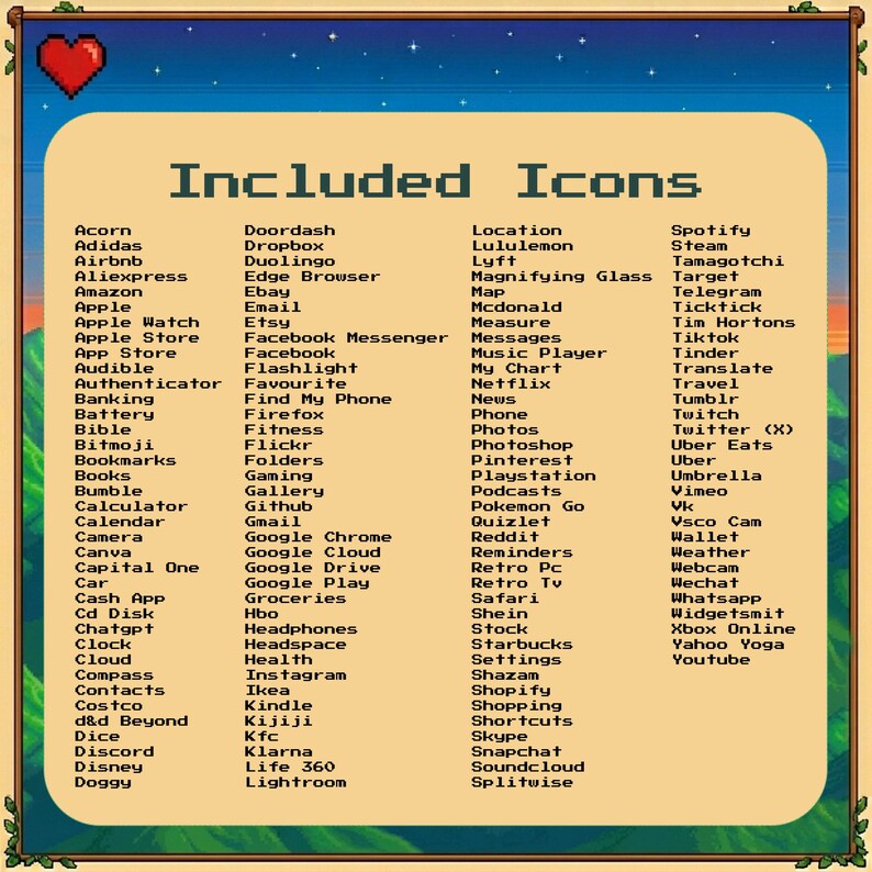 Pu&ograve; includere: Una grafica pixelata con un cuore e un elenco di icone di app, tra cui piattaforme di social media, shopping e intrattenimento. Il testo "Included Icons" &egrave; visualizzato in modo prominente.
