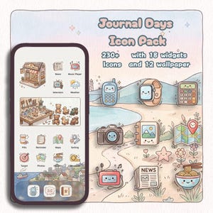 May include: A digital icon pack titled Journal Days Icon Pack featuring 230+ icons, 18 widgets, and 12 wallpapers. The display shows a smartphone screen with various illustrated app icons including a bakery, tools, and food, alongside floating icons of a camera, watch, and calculator.