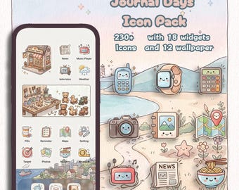Pacchetto di icone per diario in stile album di ritagli / Icone per app in stile scrapbook / 230 icone, 18 widget e 12 sfondi / Download digitale