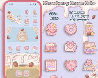 Iconos de la aplicación Tarta de Crema de Fresa / Tema de postre adorable, más de 250 iconos, widgets y fondos de pantalla