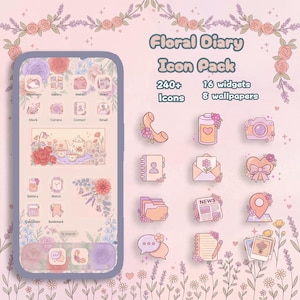 Puede incluir: Un paquete de iconos digital titulado Floral Diary Icon Pack que incluye más de 240 iconos, 16 widgets y 8 fondos de pantalla. El diseño muestra una pantalla de smartphone e iconos de aplicaciones en tonos pastel rosa y morado.