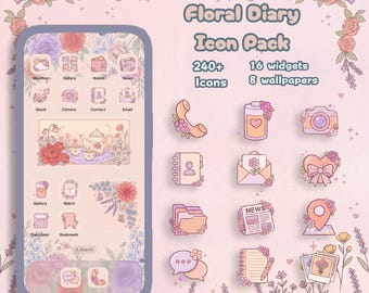Iconos florales para aplicaciones, tema floral para teléfono, iconos con estética pastel, decoración para la pantalla de inicio digital.