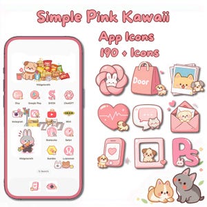 ピンクのかわいい子犬猫アプリアイコン｜パステルカラーのスマホテーマ（デジタルダウンロード）