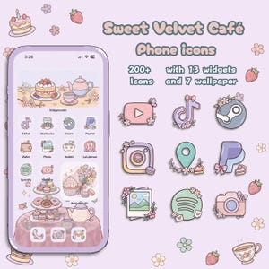 May include: A phone screen displays a custom home screen theme with pastel icons and widgets. The theme, "Sweet Velvet Café," includes over 200 icons, 13 widgets, and 7 wallpapers. Decorative elements include strawberries, flowers, and a cake.