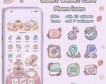 Icone per app Sweet Velvet Cafe / Tema per telefono Cute Pastel Tea Party, Macaron Soft Aesthetic Pacchetto di icone per app iOS e Android, 7 sfondi 13 widget