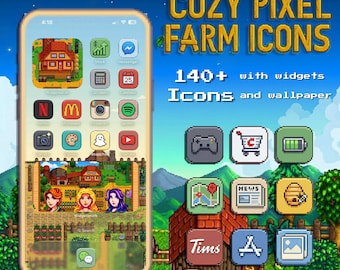 Paquete de iconos Cozy Pixel Farm: más de 140 iconos, estilo de juego retro, estética de animales adorables y granja, widgets, fondos de pantalla.