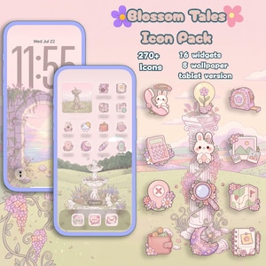 May include: A digital icon pack titled Blossom Tales featuring over 270 icons, 16 widgets, and 8 wallpapers. The design includes pastel-colored illustrations of rabbits, flowers, a fountain, a calculator, a magnifying glass, and a map.