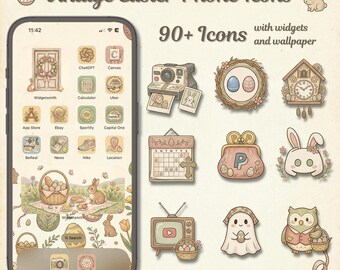 Iconos de aplicaciones de Pascua vintage / Primavera pastel, pantalla de inicio de iOS/Android (descarga digital)