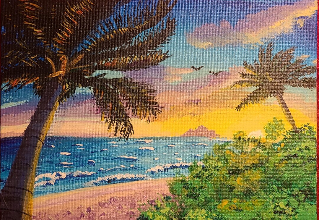 Tropical Sunset Beach Painting | Island Palm Tree Coastal Art (digital ...
