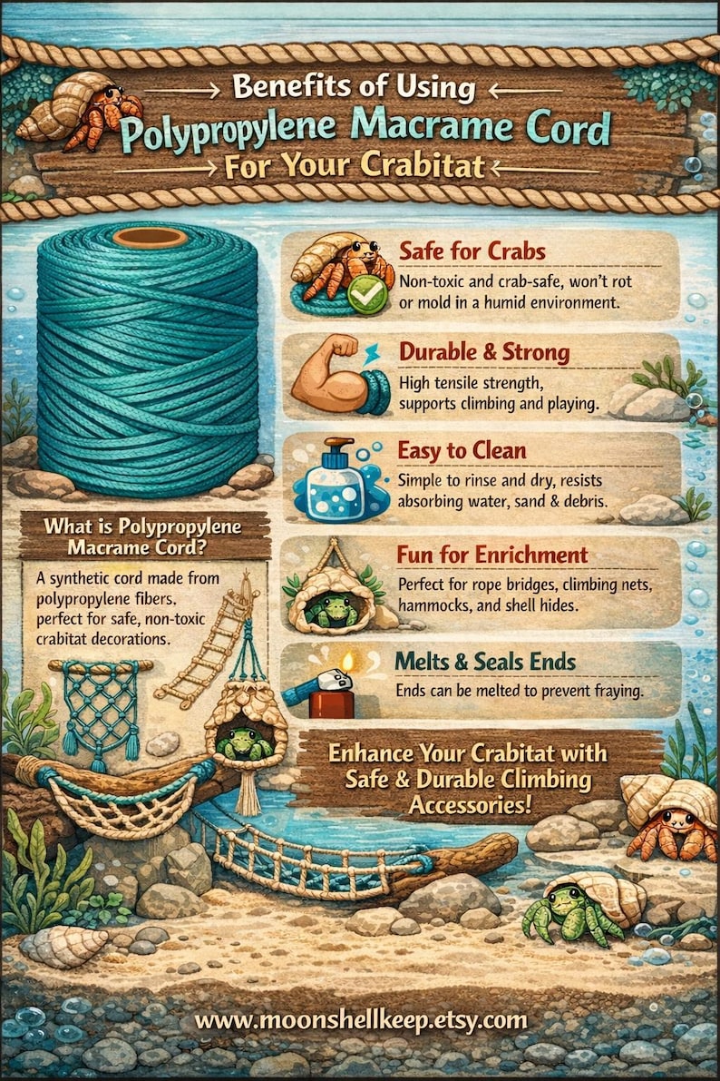 May include: An illustrated guide showcasing the benefits of polypropylene macrame cord for crabitats. The image features a large spool of teal cord, along with illustrations highlighting its safety, durability, and ease of cleaning. Includes crabitat accessories.