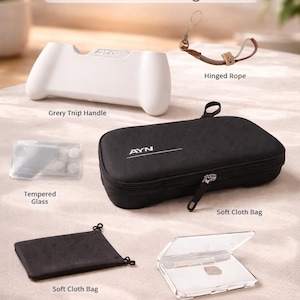 May include: An accessory kit for a handheld gaming device, including a white handle, a black soft cloth bag, a protective cover, tempered glass, and a hinged rope. The kit is designed for gaming.