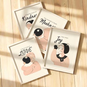 May include: Four framed wall art prints featuring illustrations of people in soft tones. The prints include text: A Gentle touch of Kindness, The strength in Quiet Meekness, A Quiet kind of LOVE, and Joy that stays. Each print has a white frame.