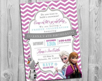 Frozen Birthday Invitation | Printable Frozen Party Invite with Elsa, Anna and Olaf | Purple Chevron Teal Grey