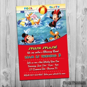 Invitación de fiesta en la piscina de Mickey Mouse, Invitación de cumpleaños imprimible, Más invitaciones de Mickey y Minnie disponibles en nuestra tienda