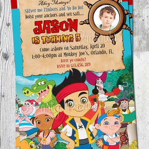 May include: A pirate-themed birthday invitation for a boy named Jason turning 5. The invitation features a cartoon image of Jake and the Never Land Pirates characters, including Jake, Izzy, Cubby, Skully, and Captain Hook. The invitation is decorated with red and white stripes and a blue background. The text on the invitation reads "Ahoy Mateys! Shiver me Timbers and Yo Ho Hol Holst your anchors and set sail... JASON IS TURNING 5 Come ashore on Saturday, April 20 1:00-4:00pm at Monkey Joe's, Orlando, Fl. Arrrr ye comin? RSVP to 123.456.789"
