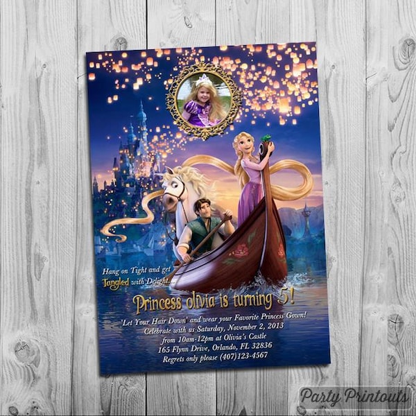 Tangled Birthday Invitation, avec Raiponce et photo, pour Tangled Themed Birthday Party, Plus Tangled Invitations disponibles