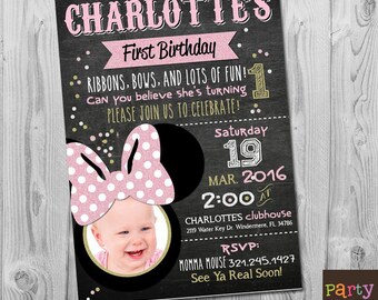 Minnie 1st Birthday Invitation: Printable Chalkboard Minnie Mouse Style Party Invitations, First Birthday Invite, 1st, Pink Gold Photo