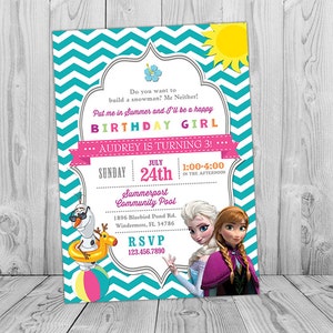 Frozen Pool Party Invitation | Printable Frozen Birthday Party Invite with Elsa, Anna, Olaf | Summer Swimming Pool | Teal Blue Chevron Grey
