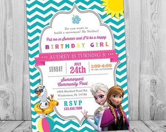 Frozen Pool Party Invitation | Printable Frozen Birthday Party Invite with Elsa, Anna, Olaf | Summer Swimming Pool | Teal Blue Chevron Grey