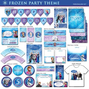 May include: Frozen party theme printable set with blue and purple decorations. Includes party banners, cupcake wrappers, cupcake toppers, treat bag topper, straw flags, thank you card, favor tag, bottle wrappers, address label, and a t-shirt iron-on.  The set features characters from the Disney movie Frozen, including Elsa, Anna, Olaf, Kristoff, and Sven.