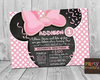 Pink and Gold Minnie Mouse Birthday Invitation, First Birthday, Polka Dot, 1st Birthday Girls Invitation, Polka Dots Pink, Chalboard Invite