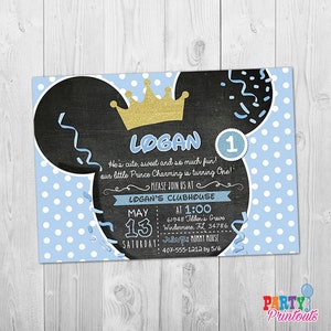 Mickey 1st Birthday Invitation, Mickey First Birthday Invitation, Mickey Prince Birthday Invitation, Baby  Mickey Invitations, Prince Theme