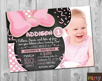 Minnie 1st Birthday Invitation: Printable Chalkboard Minnie Mouse Girls Party Invitations, First Birthday, Pink Photo Invite