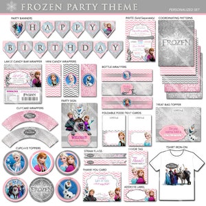 May include: Frozen party theme printable set with pink and gray chevron patterns. Includes party banners, cupcake wrappers, cupcake toppers, treat bag topper, bottle wrappers, food tent cards, straw flags, favor tag, thank you card, address label, and a t-shirt iron-on.  The set features characters from the Disney movie Frozen, including Elsa, Anna, Olaf, Kristoff, and Sven.
